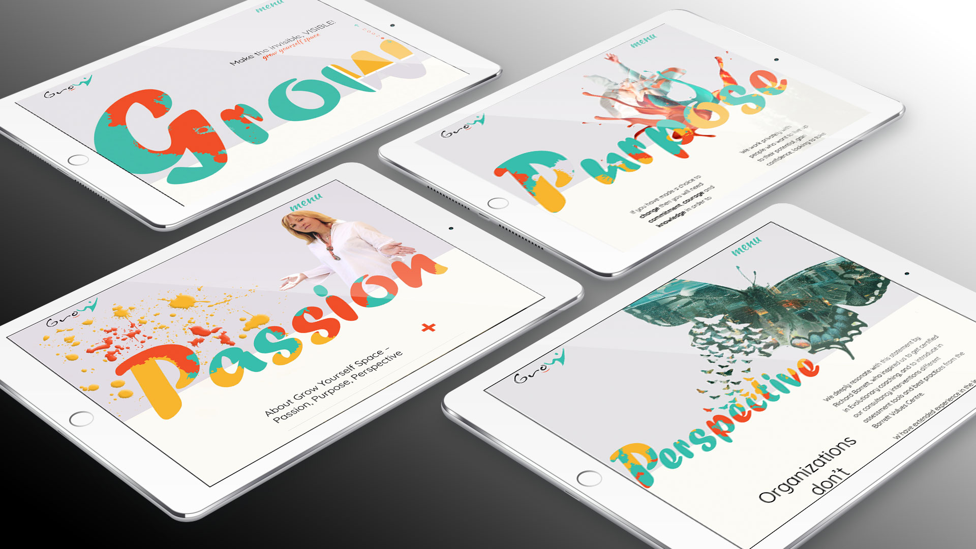 This image by PixelUp exhibits four iPads set against a dark grey linear gradient backdrop. Each iPad showcases a webpage featuring striking custom typography illustrating the words 'Grow', 'Passion', 'Purpose' and 'Perspective' in vibrant shades of orange, red, and teal against a light purple background. These typographic designs serve as banner images for the main service pages of Grow Yourself Space Project, a custom website design for evolutionary coaches by PixelUp.