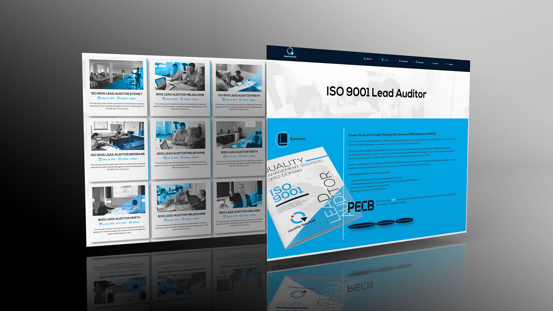 This illustration, created by PixelUp, features two isometric desktop screens placed against a backdrop of dark grey linear gradient. Each screen displays the webpage for the 'ISO 9001 Lead Auditor' course on iQuality Services' website. The course description is highlighted with a vibrant blue background. The images are primarily black and white, with a stylish blue accent on top. The iQuality Services Project is among the projects undertaken by PixelUp.