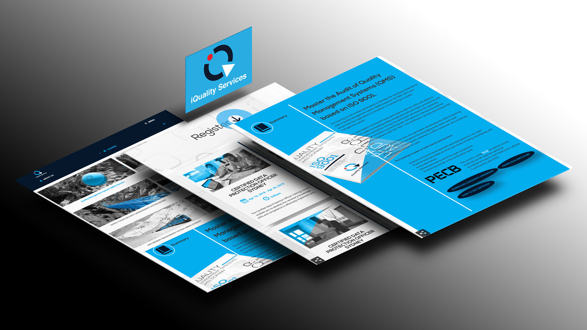 This illustration by PixelUp highlights the iQuality Services Project, focusing on segments of one of its course pages. It depicts three isometric iPad screens presenting different parts of the page, offering a glimpse into its design and arrangement. Vibrant blue tones are incorporated into the design, with a small blue card displaying their logo floating alongside. The iQuality Services Project is one of the endeavours pursued by PixelUp.