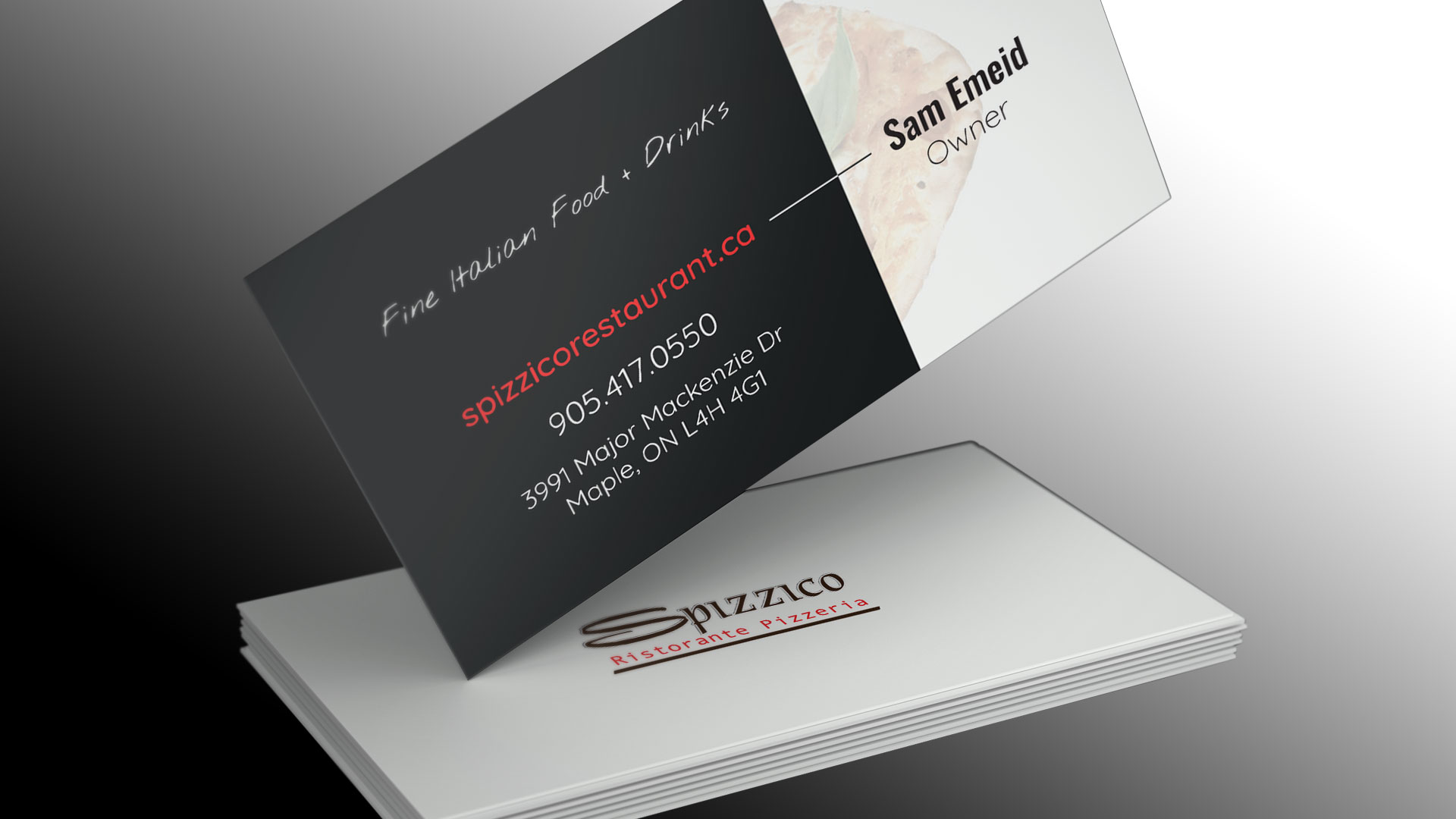 The image from PixelUp unveils the bespoke business card design tailored for Spizzico Restaurant, presenting both its front and back sides. The front of the card is displayed atop a stack, revealing the back of the card beneath.