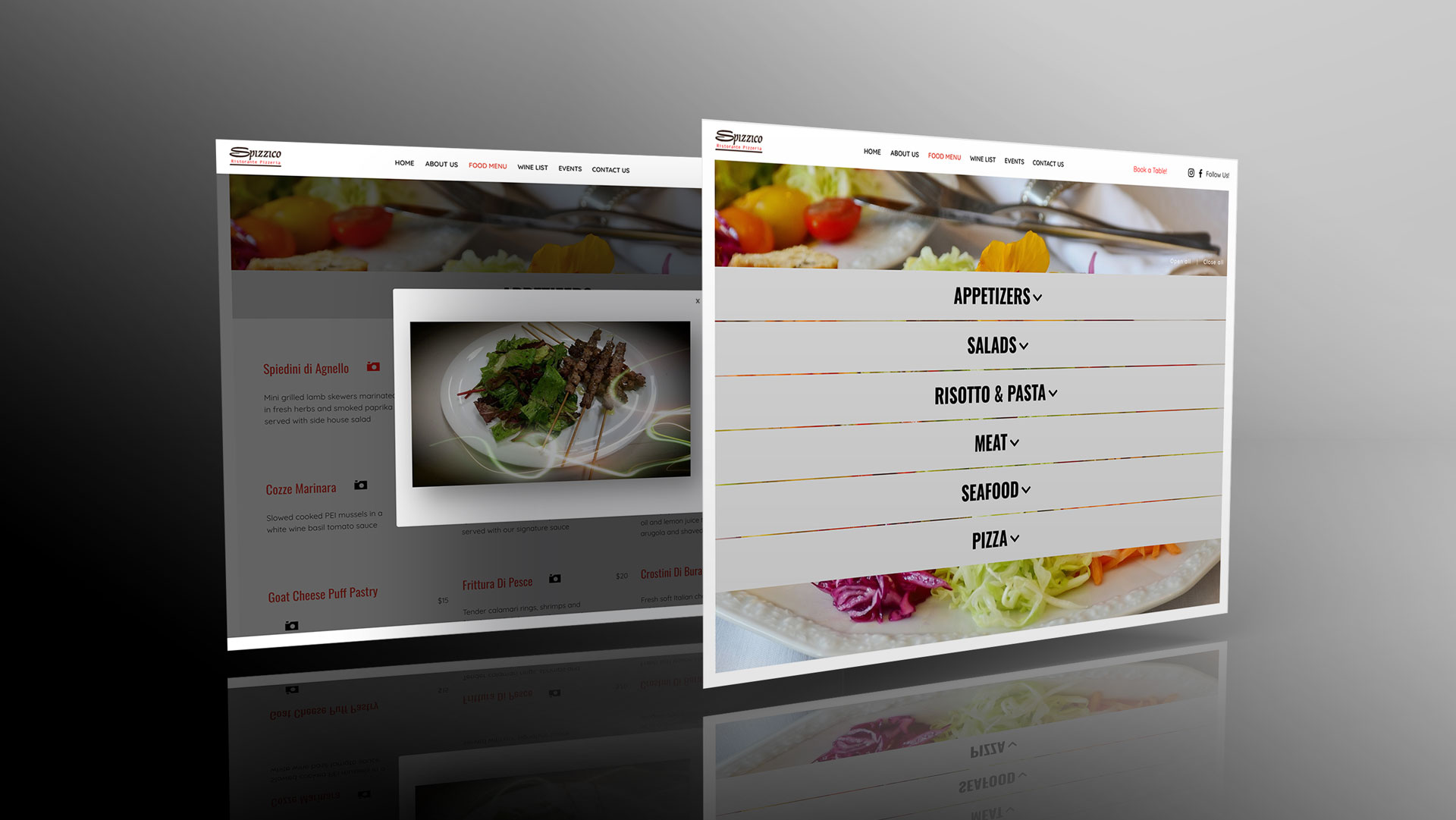 The depiction by PixelUp presents the custom website design of Spizzico Restaurant, emphasizing the 'Food Menu' page and its unique menu elements. Two isometric desktop screens are displayed, focusing particularly on the 'Food Menu' page. The food categories stand out with a solid grey background set against a backdrop of a vegetable salad image. Spizzico Restaurant's custom website design is as one of PixelUp's projects.