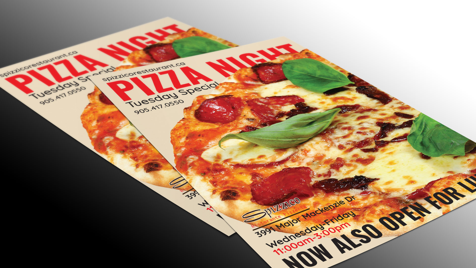The presentation by PixelUp illustrates the unique flyer design tailored for Spizzico Restaurant. Displayed are two customized flyer designs featuring a tantalizing pizza image, neatly stacked atop one another. The pizza image dominates each flyer, leaving ample room at the top and bottom for titles and messages.