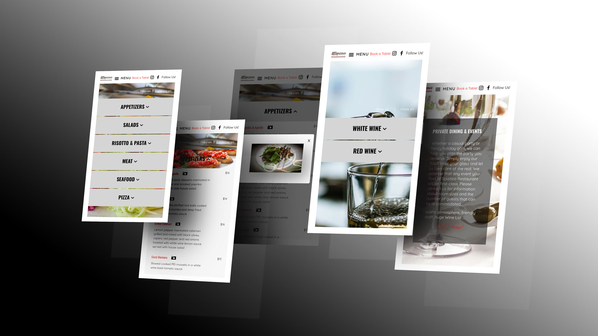 PixelUp's display exhibits the custom website design of Spizzico Restaurant. It features 5 isometric iPhone screens displaying various pages to demonstrate the design's responsiveness. Spizzico Restaurant's website stands as one of PixelUp's projects.
