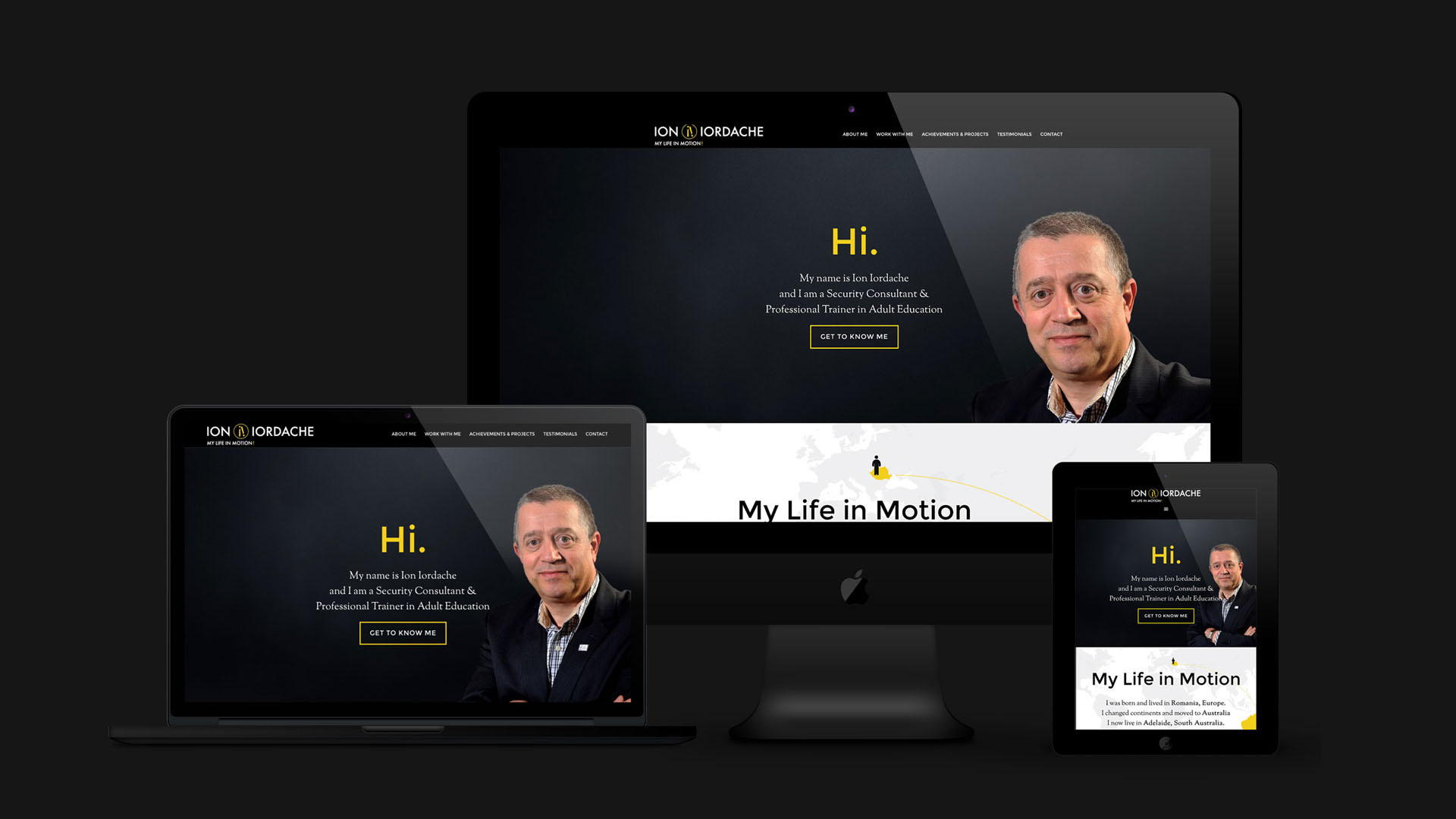 This PixelUp illustration presents an iMac, a laptop, and an iPad positioned against a linear gradient backdrop in dark grey hues. Each device displays Ion Iordache's website homepage, featuring his portrait against a black background. Striking gold headlines and messages contrast with the dark setting. The image aims to demonstrate the responsiveness of the website design. The Ion Iordache Project is highlighted within PixelUp's portfolio.