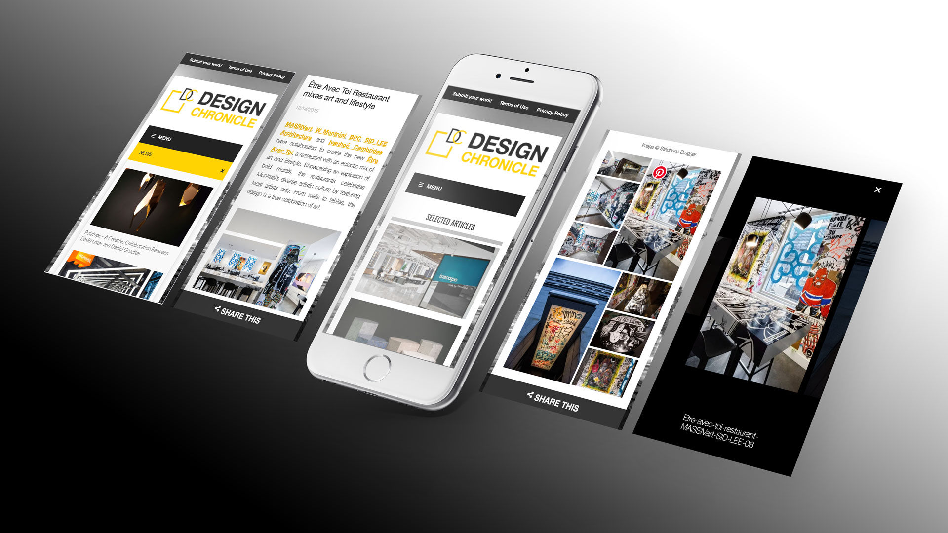 This image by PixelUp highlights the custom website design created for Design Chronicle, with a particular focus on its mobile compatibility. Depicted are five isometric iPhone screens showcasing various pages, providing a glimpse into the aesthetics and functionality of the mobile interface. This project is among those undertaken by PixelUp.