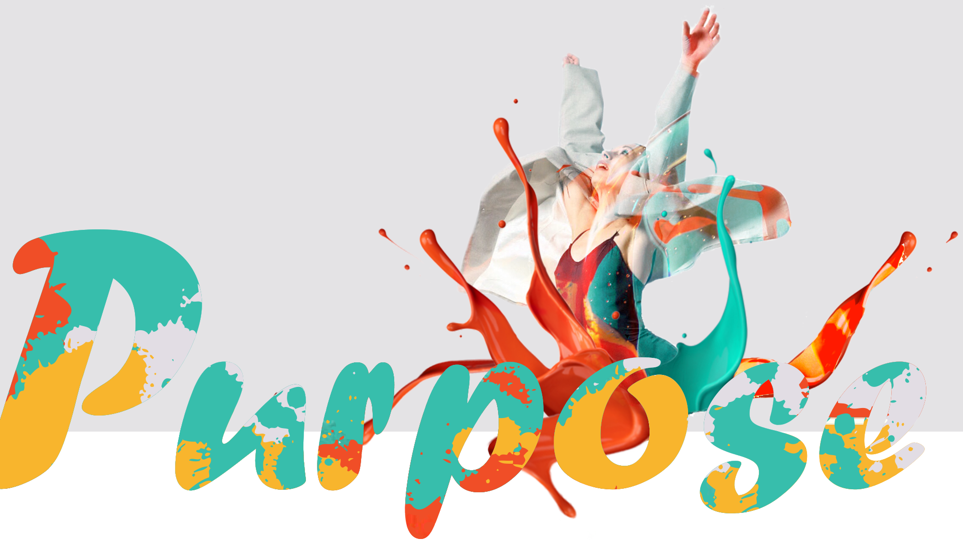 PixelUp has created an eye-catching representation featuring vibrant custom lettering spelling out the word 'Purpose' in shades of orange, red, and teal. This typography stands out against a gentle purple background, with a joyful woman depicted from the waist up, appearing as if she's leaping upwards. This distinct typographic arrangement serves as the header image for a key service page on the Grow Yourself Space Project website, a specialized design crafted by PixelUp specifically for evolutionary coaches.