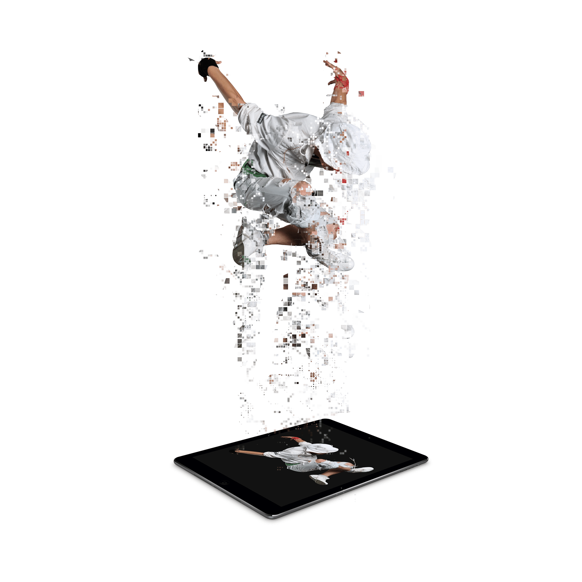 An abstract representation of our Website Design Studio 'About Us' page: a half-pixelated man hovers above an iPad, with pixels falling onto the screen, forming his image within the device. This image symbolizes the fusion of identity and connectivity, inviting exploration into the entity's story and values.