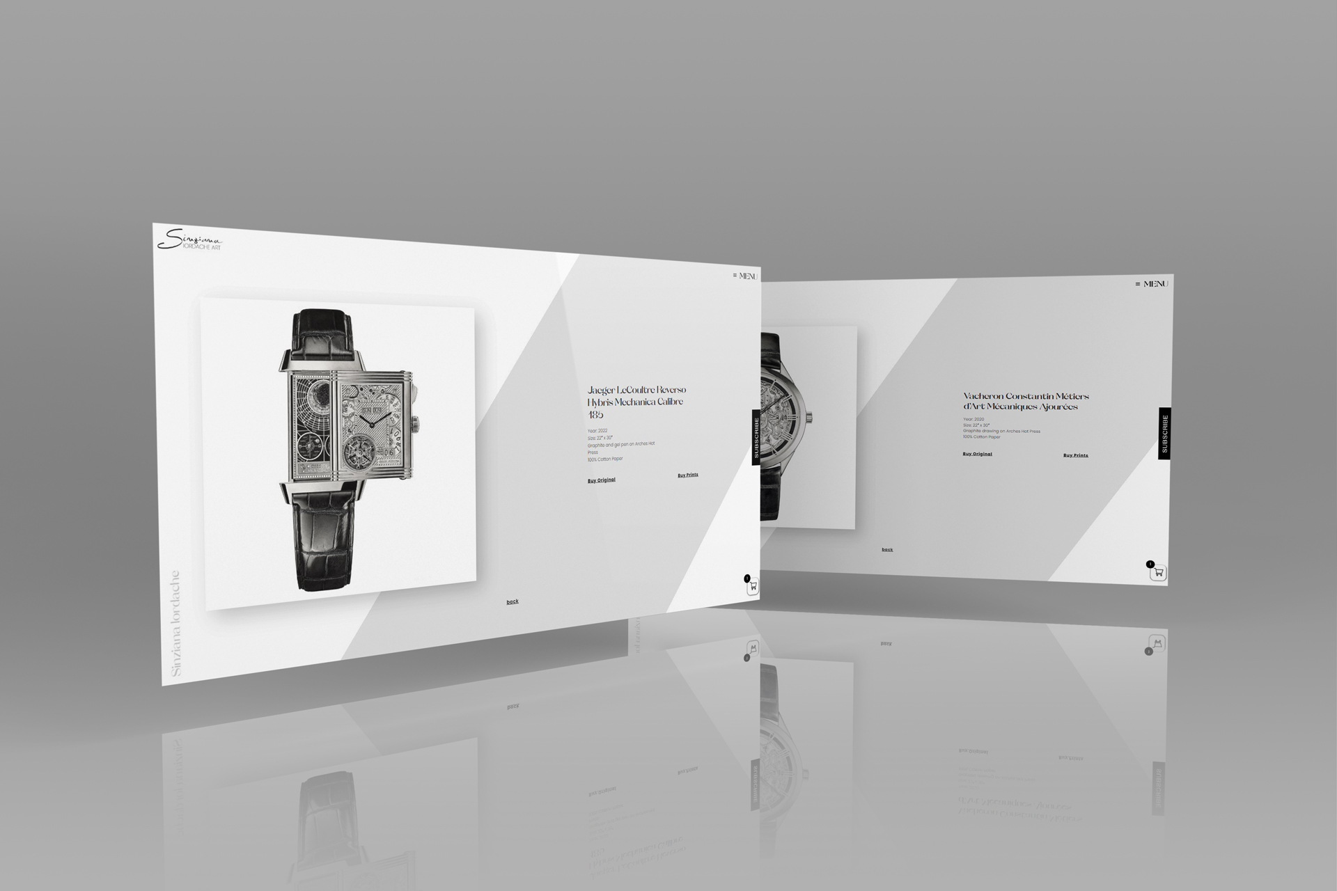 The image from PixelUp presents the Sinziana Iordache Art Project, shining a spotlight on the 'Jaeger LeCoultre Reverso Hybris Mechanica Calibre 185' gallery page. It showcases the artwork drawing image on the left side and provides descriptions on the right. Notably, details are accentuated by an angled gray background, enhancing their visibility and prominence.
