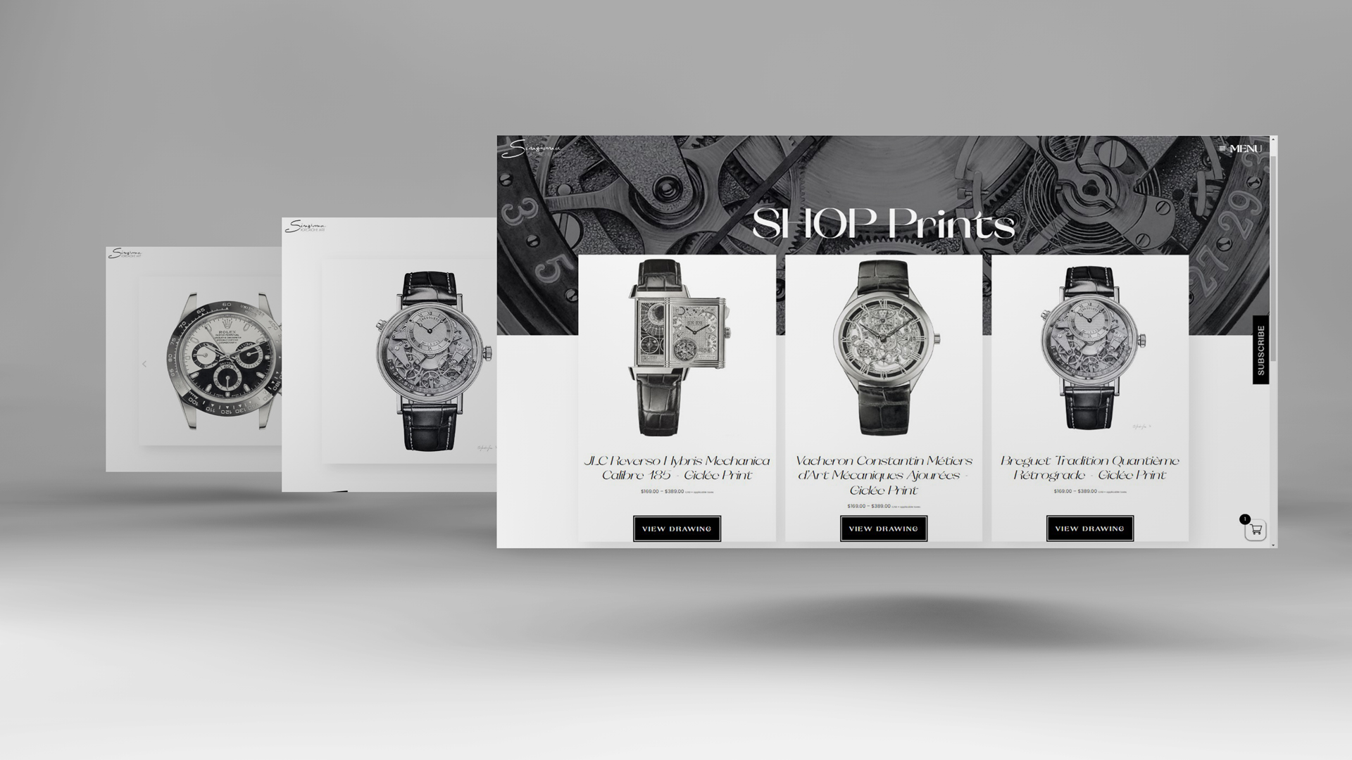 The image by PixelUp showcases the Sinziana Iordache Art Project, specifically highlighting the 'Shop Prints' page. It features a grid layout displaying artwork with images, titles, and prices on a minimalistic white background, enhancing visual clarity and focus on the artwork. A banner image of a hyperrealistic watch drawing adds depth and intrigue.