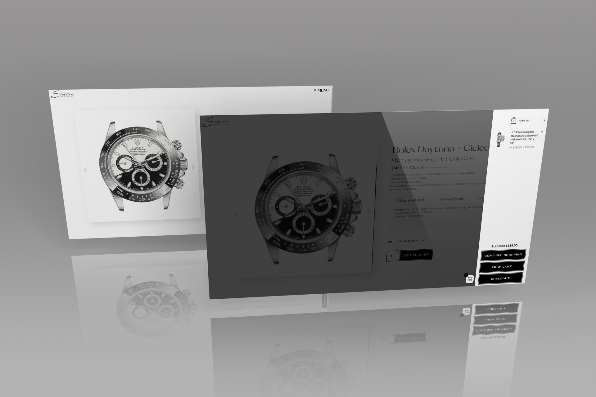 In this image by PixelUp, we are presented with a snapshot of the Sinziana Iordache Art's custom website design, focusing specifically on the 'Rolex Daytona - Giclee Print' product page. The scene features two isometric desktop screens set against a dark gradient background, providing a clear view of the unique design elements incorporated into the page. The first screen prominently displays the main product details while also showcasing the side cart section design, offering viewers insight into the seamless user experience and aesthetic appeal of the website.