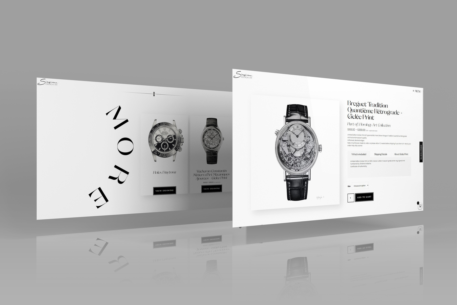 This PixelUp's image highlights the Sinziana Iordache Art Project, focusing on the 'Breguet Tradition Quantième Rétrograde – Art Drawing Giclée Print' products page. It presents an image on the left and titles, descriptions, and prices on the right, set against a minimalistic white background, enhancing clarity and drawing attention to the artwork.
