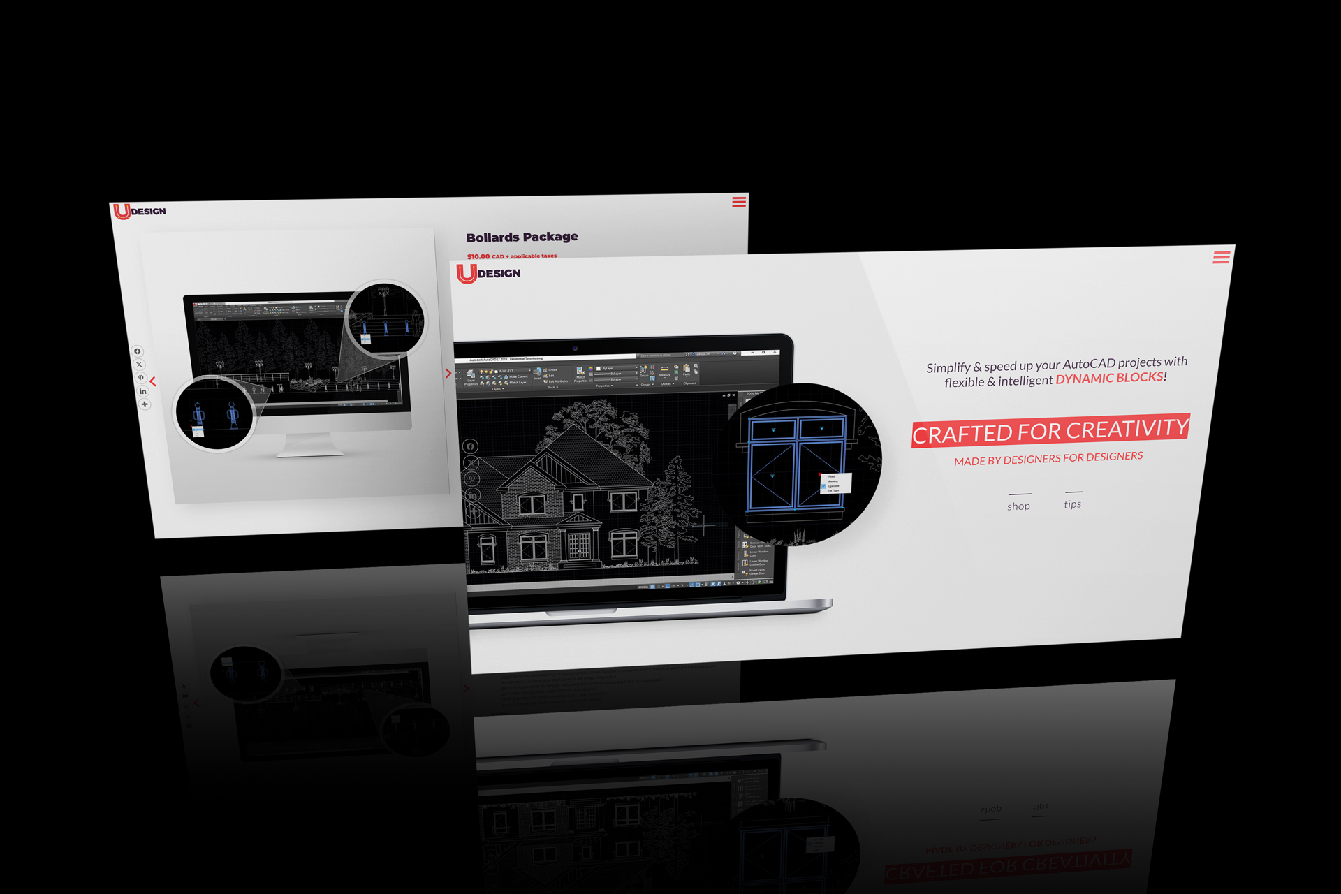 Website mockup showing the Unfold Creative Studio digital products shop for AutoCAD Dynamic Blocks.