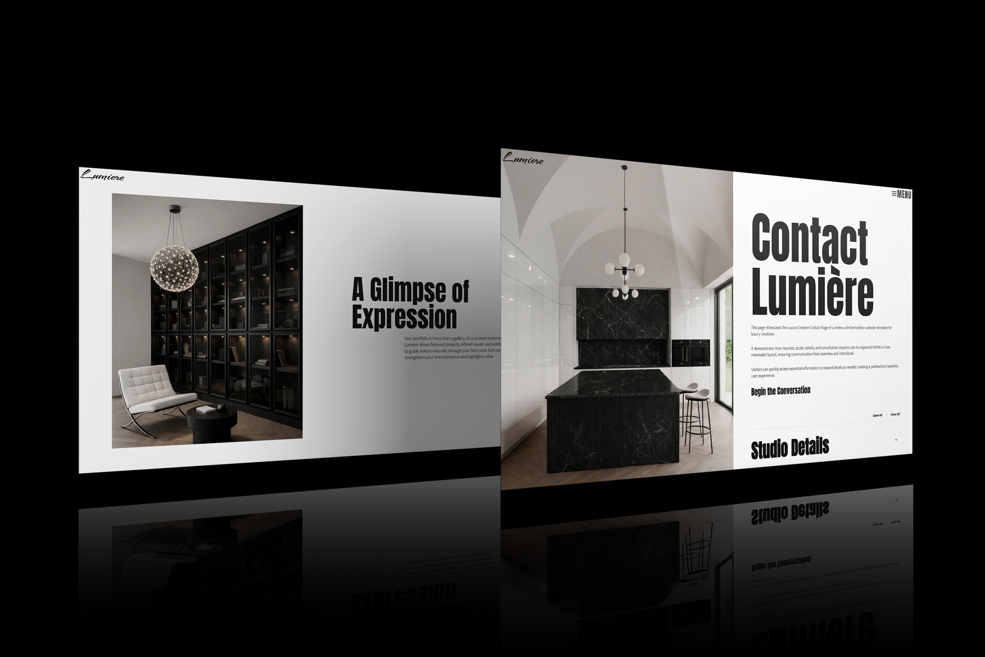 Lumiere limited edition website template mockup featuring a refined layout for artists and luxury brands.Minimalist WordPress website design from the Lumiere limited edition website template by PixelUp.