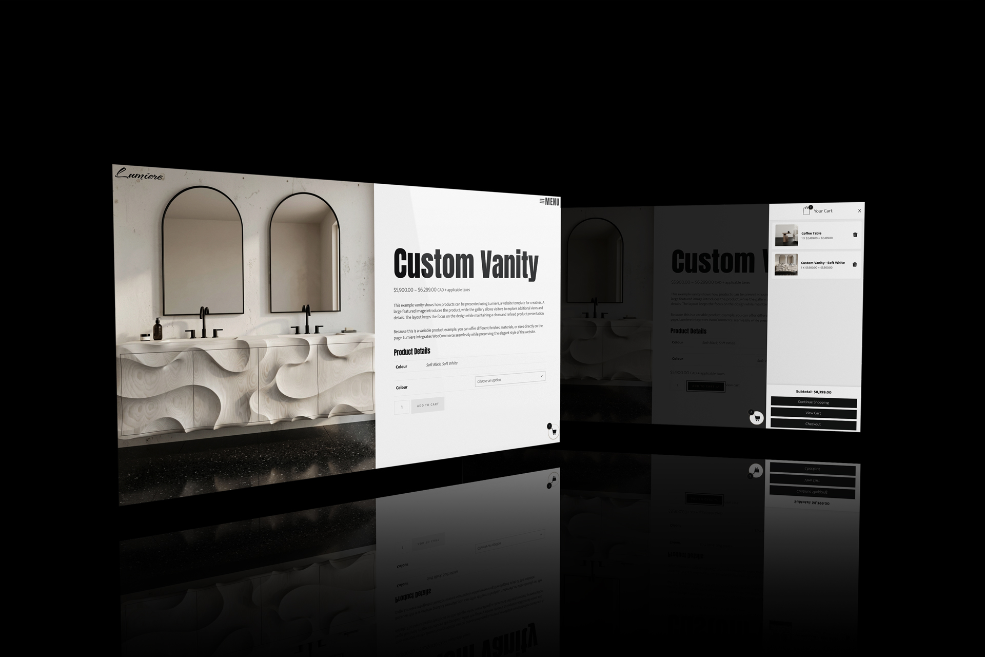 Custom website template for creatives displaying a Lumiere product page with a minimal ecommerce layout.