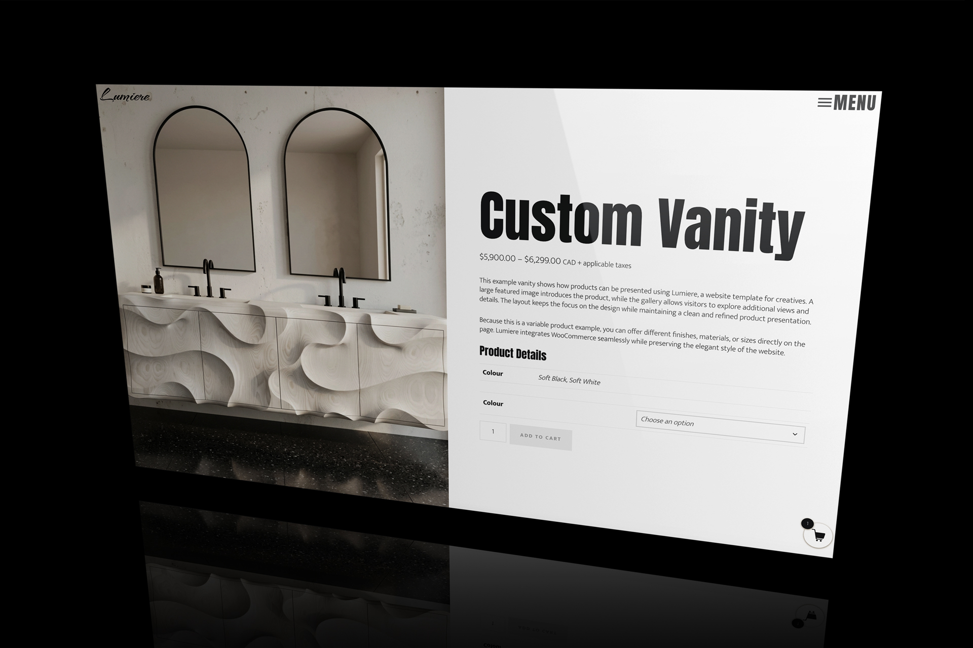 WooCommerce Website Design Toronto mockup showing the Lumiere variable product page with premium ecommerce layout by PixelUp.