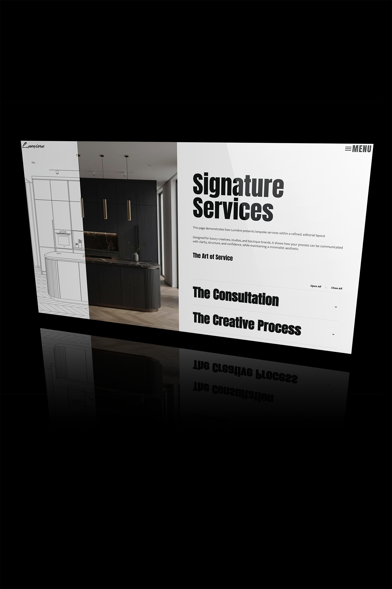 Elegant Lumière limited edition website template mockup showcasing layout and design, illustrating website cost in Toronto for luxury creatives.