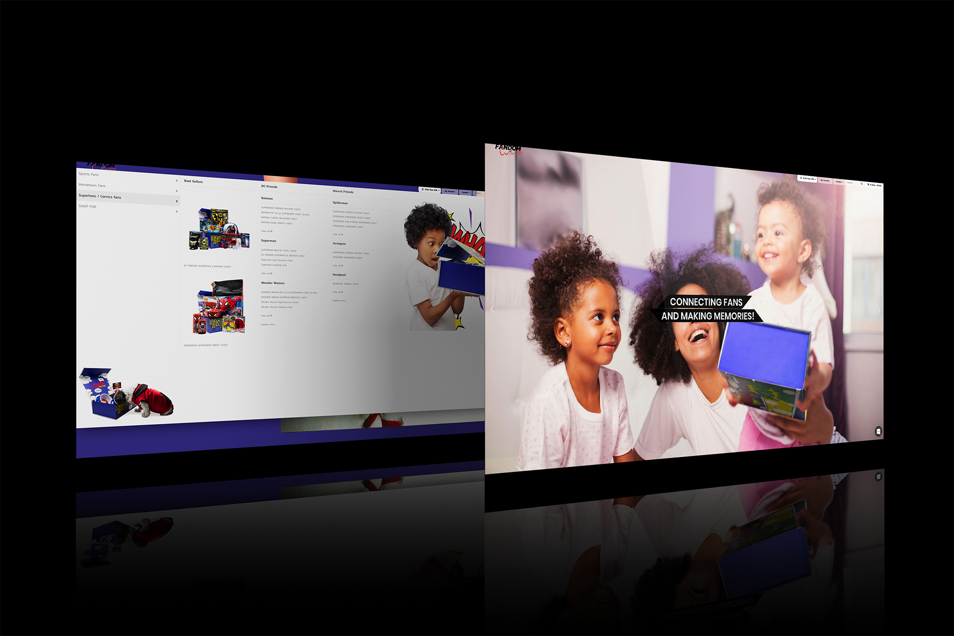 eCommerce Website Design for Fandom Culture. The image showcases a mockup with sections from homepage and menu.