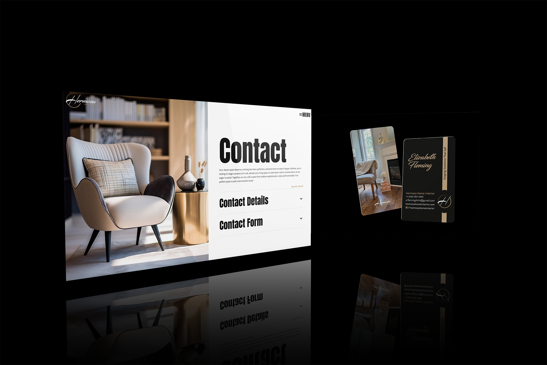 This image showcases a Brand Identity design for Hermosa, a home staging brand. It highlights a Complete Branding Package, including Professional Logo Design Services, Brand Messaging, and Visual Identity elements.Branding Services Toronto mockup showing a complete brand identity design with logo, colour palette, and visual elements.