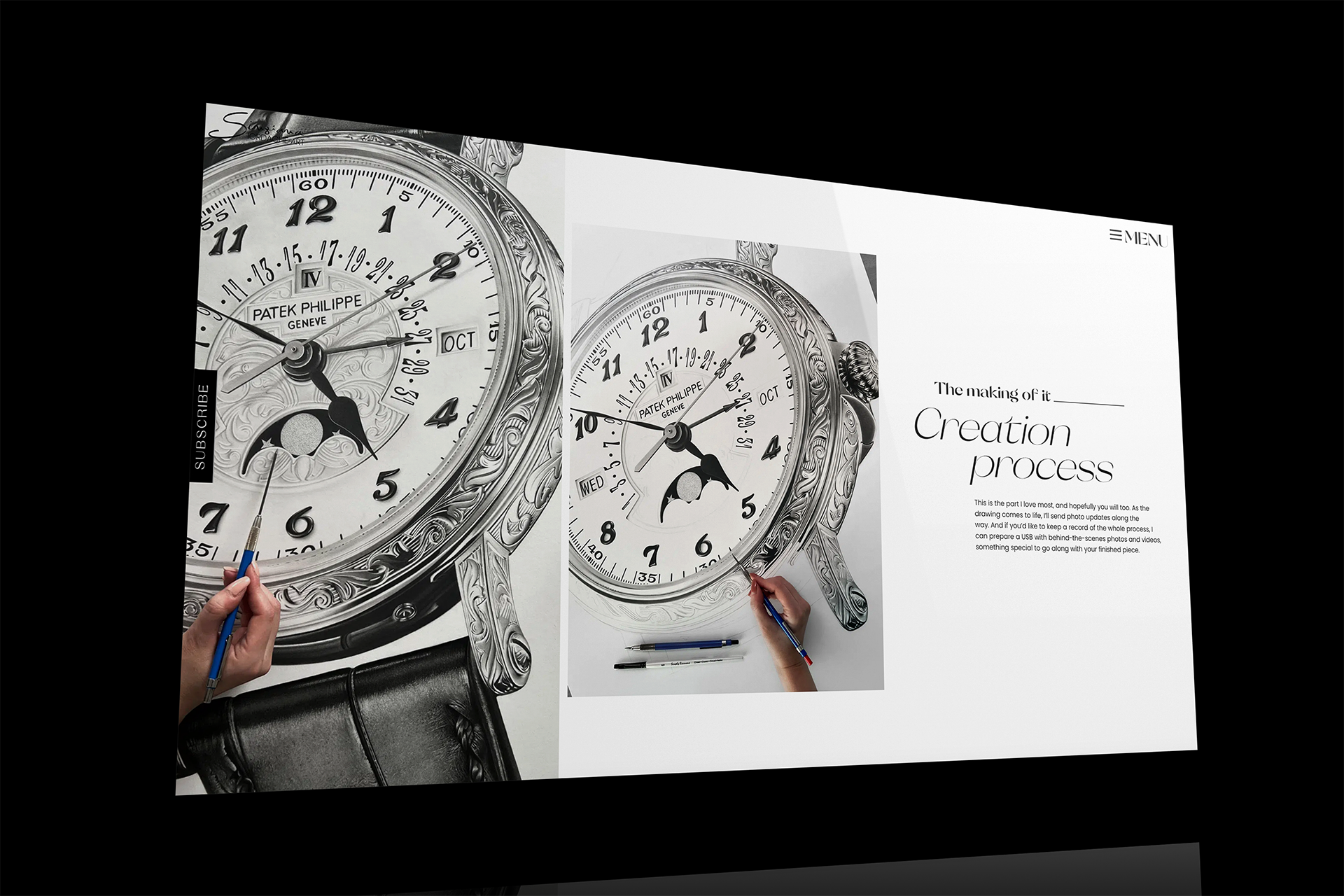 This image showcases a custom website design for Sinziana Iordache Art, featuring a refined and artistic layout. This website by PixelUp resembles a luxury art exhibition, displaying hyperrealistic watch illustrations in a clean, modern space. The layout emphasizes artwork with a high-end presentation, making it ideal for showcasing exclusive, collectible art. Toronto website design mockup for Sinziana Iordache Art featuring a refined artist portfolio website by PixelUp.