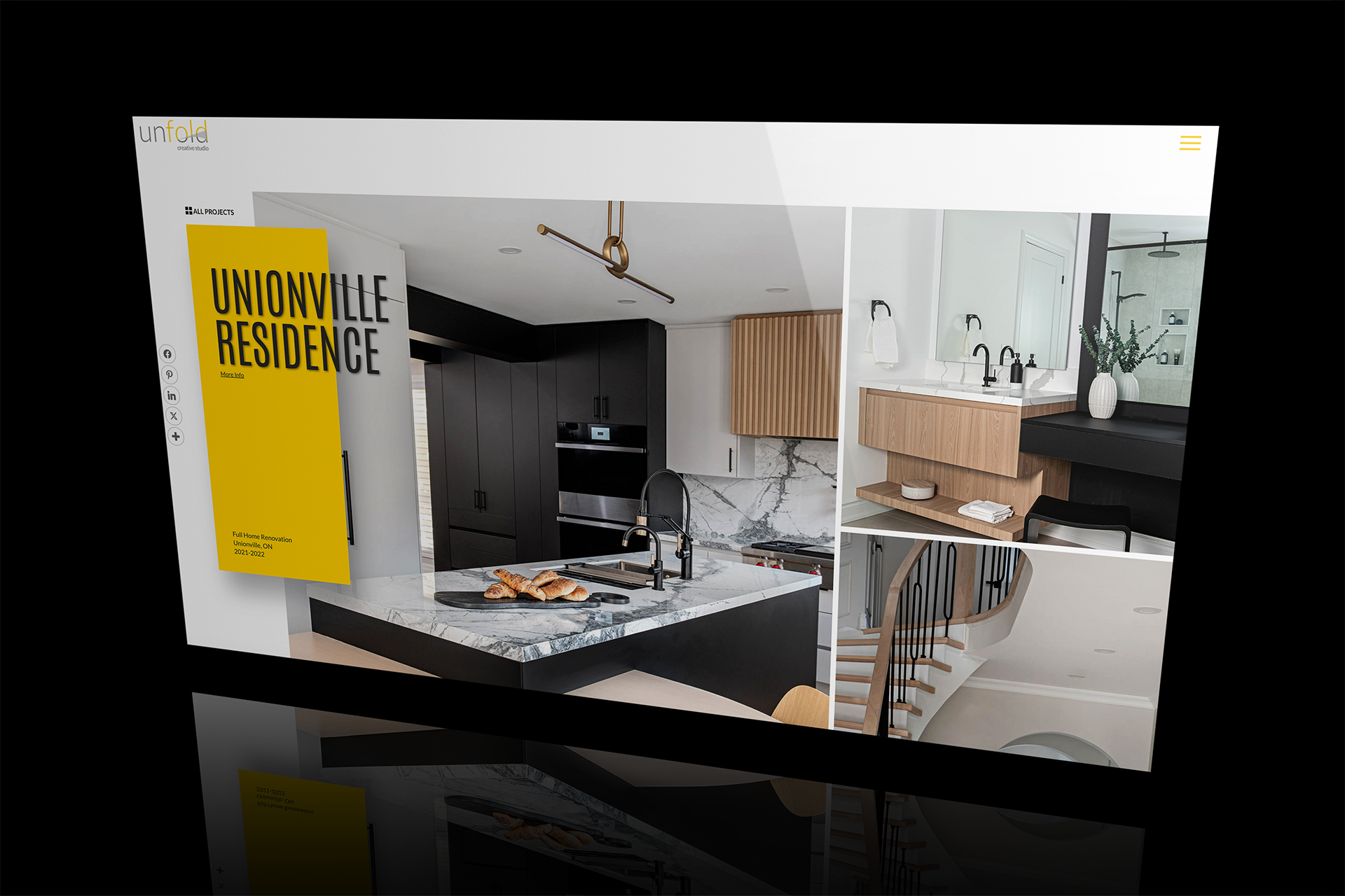 Toronto website design mockup showing Unfold Creative Studio's portfolio item page, a custom website for a interior design studio by PixelUp.